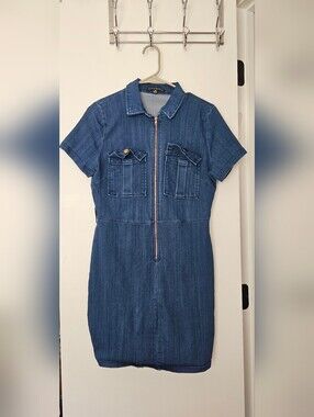 Blue Denim Zip-Front Shirt Dress